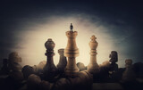 Fototapeta Tęcza - Chess player achieving success. Surreal and conceptual scene of a tiny person standing on the top of chessboard among huge chess pieces. Overcoming obstacles, victory and business leadership metaphor