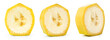 Banana slice isolated. Cut bananas on white. Set of banana slices on white background.