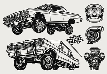 Retro custom cars vintage monochrome concept