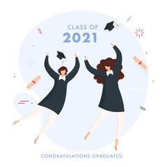 Wall Mural - Congratulations Graduates Class Of 2021 Concept With Cheerful Female Students On White Background.