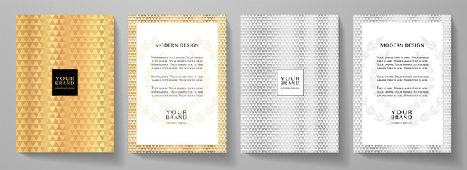 Wall Mural - Modern cover design set. Abstract creative line pattern (triangle geometric ornament) in premium gold, silver colors. Formal vector layout for business background, brochure template, certificate