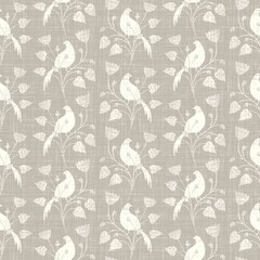 Seamless french taupe bird farmhouse linen printed fabric background. Light mottled grey cottage pattern. Shabby chic woven 2 tone cloth effect. Textile rustic organic ecru neutral all over print. 
