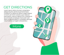 Get Directions Website UI Kit. Company Address, Contact Us Page, Website Menu Bar, Navigation, Maps And Location, Customer Information, User Experience Landing And Mobile App Vector UI Template.