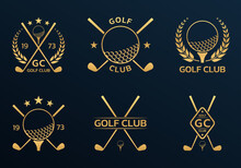 Golf Club Logo, Badge Or Icon Set With Crossed Golf Clubs And Ball On Tee. Vector Illustration.  