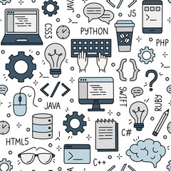 Wall Mural - vector seamless pattern with programming and developers