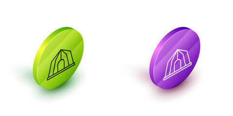 Sticker - Isometric line Circus tent icon isolated on white background. Carnival camping tent. Amusement park. Green and purple circle buttons. Vector