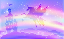 Fantasy Background Of A Magic Castle With Flying Unicorn, Rainbow And Sparkling Stars.