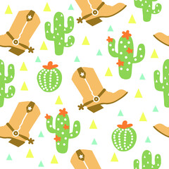 Cowboy Seamless pattern with rodeo elements. Wild West cowboy boots and horseshoe and cowboy lasso. Vector baby style tender color background