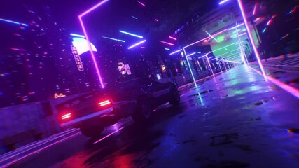 Wall Mural - car and city in neon cyberpunk style. 80s retrowave background 3d animation. retro futuristic car dr
