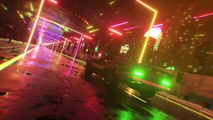 Wall Mural - Car and city in neon cyberpunk style. 80s retrowave background 3d animation. Retro futuristic car drive through neon city. 3d render of seamless loop