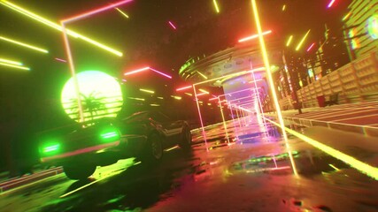 Wall Mural - Car and city in neon cyberpunk style. 80s retrowave background 3d animation. Retro futuristic car drive through neon city. 3d render of seamless loop