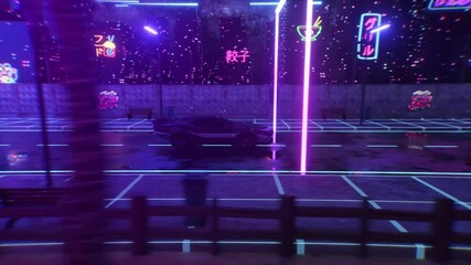 Wall Mural - car and city in neon cyberpunk style. 80s retrowave background 3d animation. retro futuristic car dr