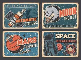 Wall Mural - space planets research center, mars and moon exploration program retro grungy plates. space station 