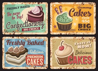 Sticker - Pastry shop cakes menu rusty metal plate. Fresh confectionery grunge tin sign, cafe or restaurant desserts retro metal plate with cupcakes, canes and muffins, rust texture frame and vintage typography