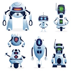 Aufkleber - Cartoon robots, vector cyborg characters, toys or bots, artificial intelligence technology. Friendly robots with long arms or tentacles and digital glow faces, cute electronic bots isolated icons set