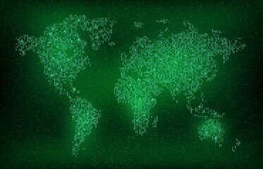 Fototapete - Digital binary code world map vector future technology design. Cyber background with glowing globe map of 0 and 1 numbers pattern, green neon data stream in shape of Earth surface, continents, oceans