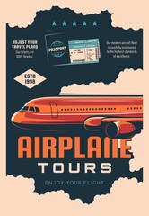 Sticker - Airplane tours, airline travel service retro banner. Air journey plans, passenger transportation poster. Modern airliner jet plane flying in clouds, passport and flight tickets vector