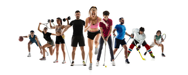 Collage of different professional sportsmen, fit people in action and motion isolated on white background. Flyer.