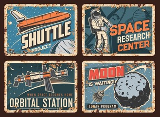 Wall Mural - space exploration shuttle, orbital station and satellite, lunar program rusty vector plates. spacesh