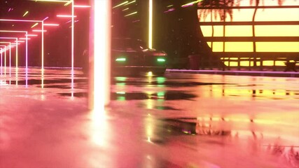 Wall Mural - Car and city in neon cyberpunk style. 80s retrowave background 3d animation. Retro futuristic car drive through neon city.