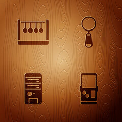 Sticker - Set Tetris, Pendulum, Computer and Magnifying glass on wooden background. Vector