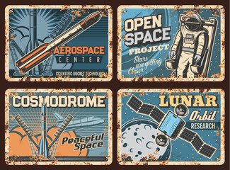Wall Mural - outer space adventure, galaxy research vector rusty metal plates. cosmonaut, satellite and shuttle i