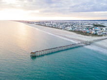 Aerial View Of Oceanana Pier In Atlantic Beach On The Crystal Coast Of North Carolina At Sunset