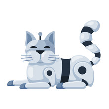 Robot Cat Cartoon Icon. Electronic Kitten Friend. Pet, Metal Domestic Animal Companion.