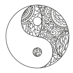 Wall Mural - Yin and Yang. Zentangle. Hand drawn mandala on isolation background. Design for spiritual relaxation for adults. Line art creation. Black and white illustration for coloring.