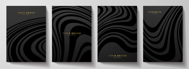Wall Mural - Modern black cover design set.  Abstract wavy line pattern (curves) in monochrome. Creative stripe vector collection for business background page, brochure template, booklet, vertical flyer