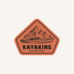 Wall Mural - kayaking abstract frame sign, symbol or logo template. hand drawn kayak or canoe boat and mountains 