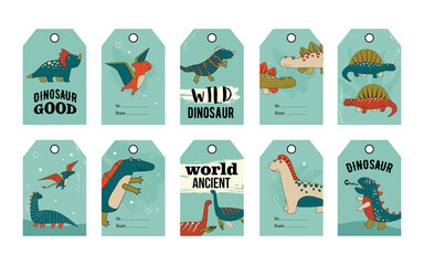 Wall Mural - Wild and cute dino tags set. Cartoon vector illustration. Tags with cute comic dinosaurs in colorful background. Dinosaur, history, ancient, gift concept for banner design, landing page