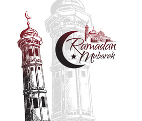 Canvas Print - Ramadan Mubarak with mosque tower illustration hand drawn isolated on white background