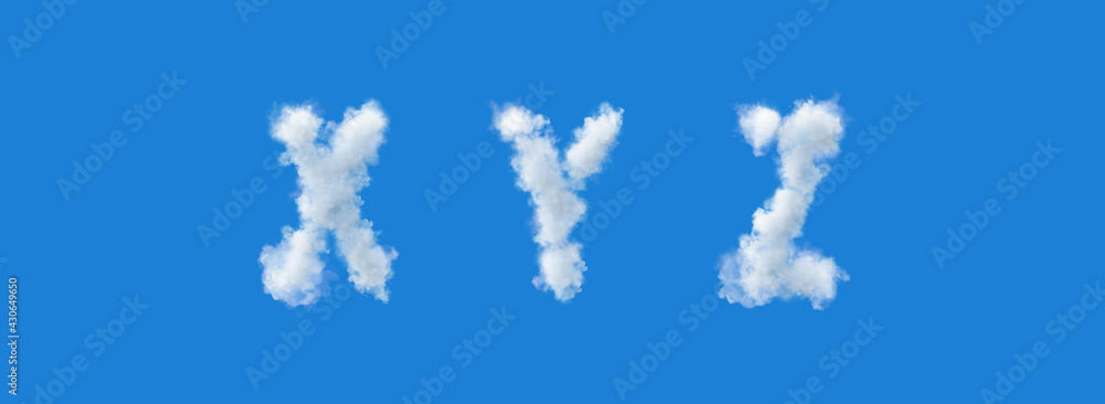 Letters made of clouds on a blue background, x y z, uppercase fonts - obrazy, fototapety, plakaty 