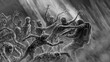 Crowd of scary zombies attacks armed soldier. Inside abandoned bunker. Illustration in horror genre. Black and white background. Fantasy drawing for creepy Halloween. Grunge, coal and noise effects.