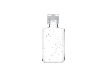 Bottle of Sanitizer gel isolated on a white background.
Transparent bottle of antiseptic gel.