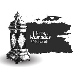 Canvas Print - Ramadan Mubarak. lantern hand drawing isolated on white background black brush