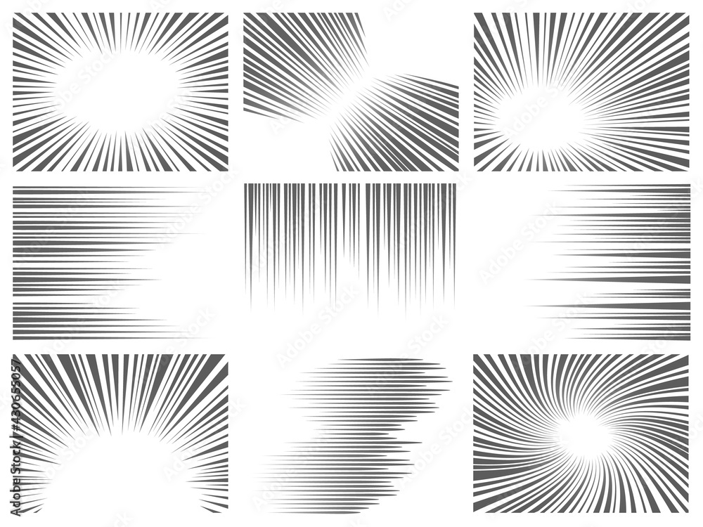 Comic line effect. Radial and horizontal speed motion texture for manga and anime. Explosion, flash and fast action lines vector graphic set - obrazy, fototapety, plakaty 