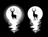 Fototapeta  - standing deer stag with large antlers and full moon - night wildlife black and white vector design set with mysterious animal spirit silhouette