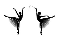 Graceful Ballerina Girl With Transparent Tutu Dress And Magic Wand Standing On Pointe Shoes - Fairy Tale Godmother Figure Vector Silhouette