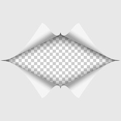 Wall Mural - Elongated hole cut into a white piece of paper. Transparent background under it. Vector illustration.