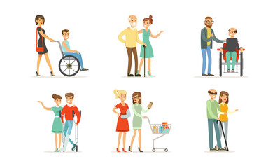 Sticker - Volunteers Helping and Supporting Disabled People Characters Vector Illustration Set