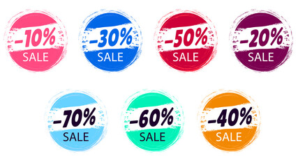 Vector icon set. 10,20,30,40,50,60,70 percent off sale