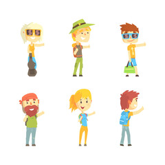 Sticker - Hitchhikers with Backpacks Standing Along the Road and Thumbing or Hitching Transportation Vector Set