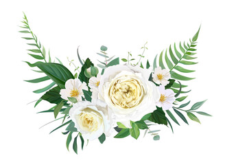 Wall Mural - Elegant half wreath floral bouquet with yellow garden roses, white camellia flowers, greenery, green forest fern leaves, eucalyptus. Vector, editable, watercolor illustration. Wedding designer element
