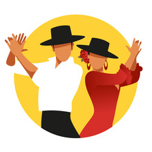 Couple Of Spanish Flamenco Dancers Wearing Typical Hats, Playing Clapping. Yellow Circle On White Background