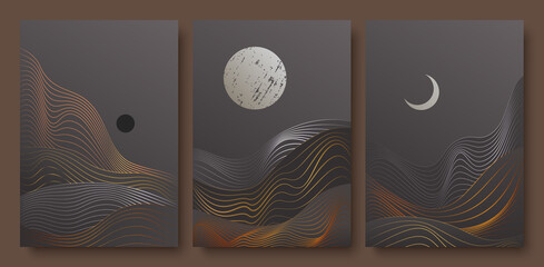 Abstract contemporary aesthetic night landscape with moon vector illustration set. Trendy wall decoration, luxury art deco wallpaper design with moon cycle, gold silver wavy line and curve wave shape