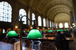 Elegant vintage green lamp on background of blurred library