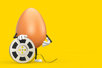 Poster -  Brown Chicken Egg Person Character Mascot with Film Reel Cinema Tape. 3d Rendering