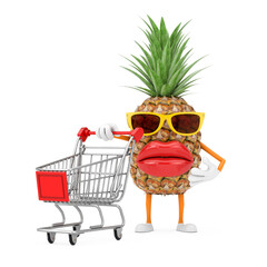 Poster - Fun Cartoon Fashion Hipster Cut Pineapple Person Character Mascot with Shopping Cart Trolley. 3d Rendering